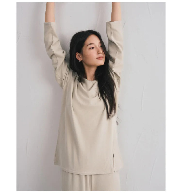 Autumn Winter Women Double-sided Brushed Pajamas T Shirt Pant Two Piece Set for home