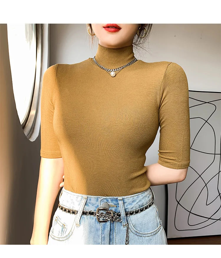 Basic  T Shirt Women Turtleneck Slim Tshirt Short Sleeve T-shirts Female Casual Elasticity White Tee Shirt Femme Woman Top