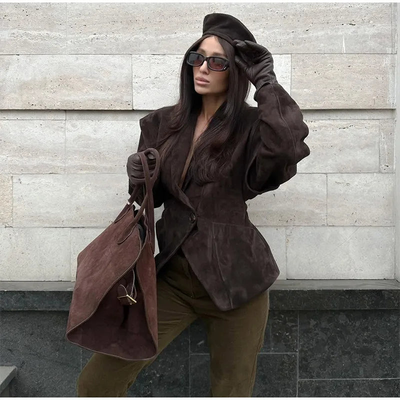 Women Fashion V-neck Lapel Belt Leather Jacket Chic Lace Up High Waist Full Sleeve Overcoat 2025 Lady Autumn High Street Outwear
