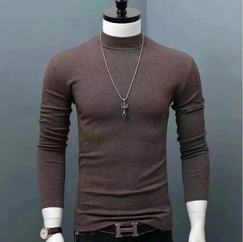 Fashion Men's Oversize High Collar Long Sleeves Autumn Winter Pure Thermal Shirt for Men Layering Stylish T-Shirt