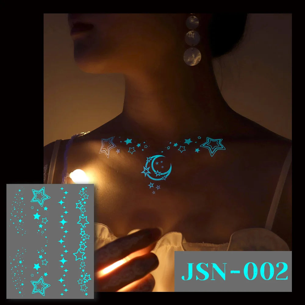 5pcs Blue Luminous Glow Waterproof Temporary Tattoo Sticker Moon Star Heart  Line Flash Tato Women Men Arm Body Art Fake Tattoos
