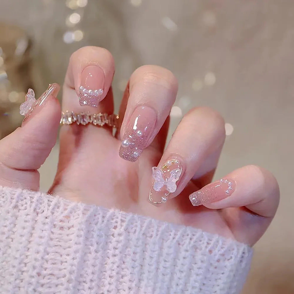 24Pcs Glossy Short Ballerina Press On Nails Pink Glitter Style False Nails With Rhinestone Shiny Artificial Reusable Fake Nails