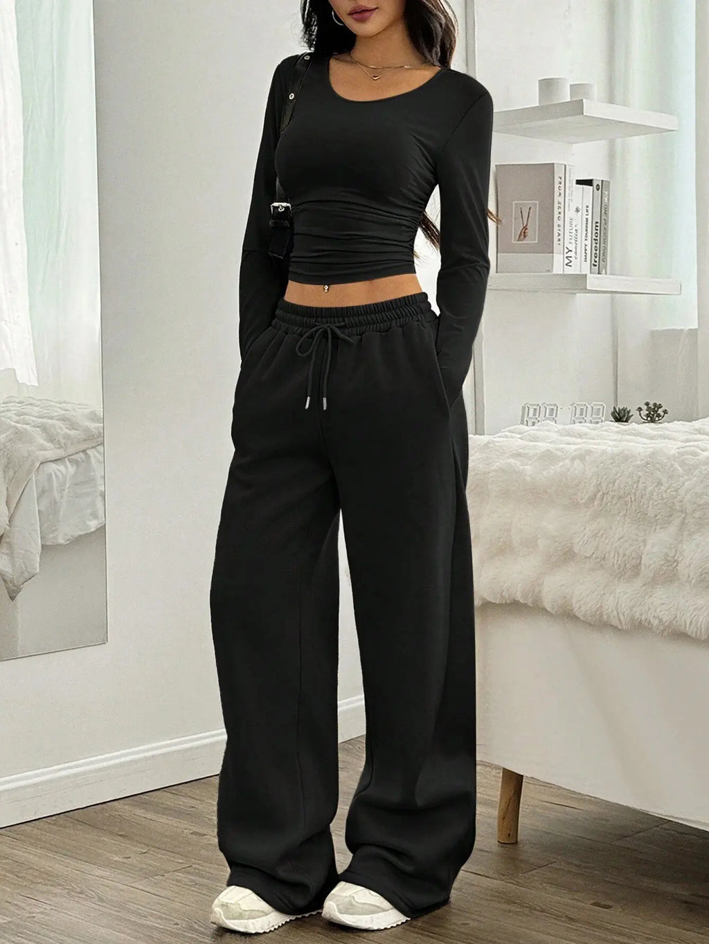 Women's Fashion Casual Wide Leg Pants Long Sleeve Crew Neck Solid Color Slim Two-piece Autumn and Winter Suit