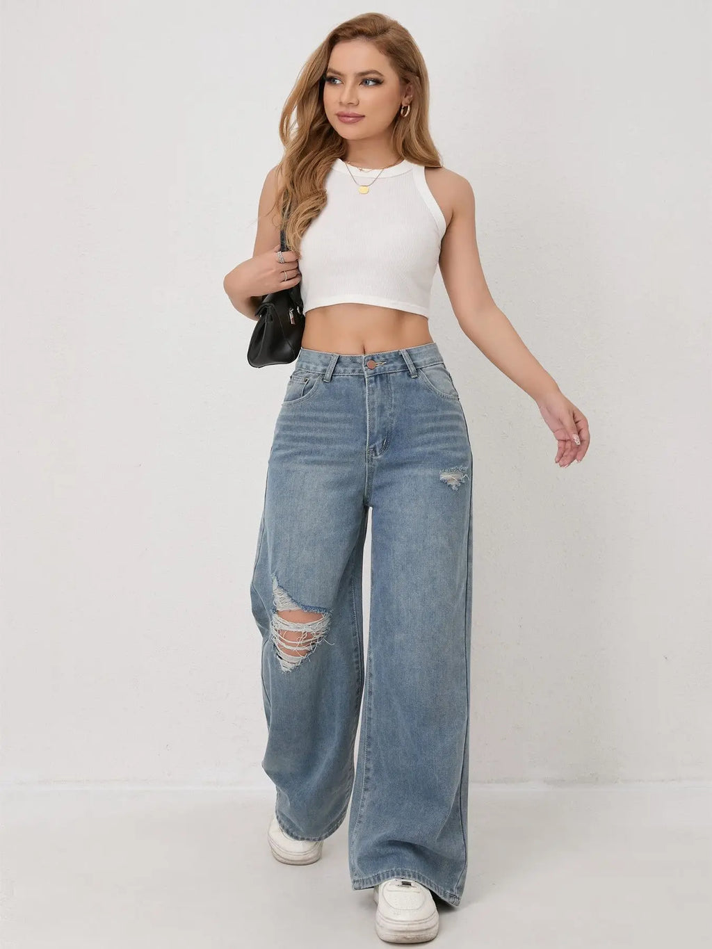 Trendy Wide Leg Distressed Straight Jeans for Women Elastic Casual Bootcut Denim Pants Bestseller Fashionable Ladies Jeans