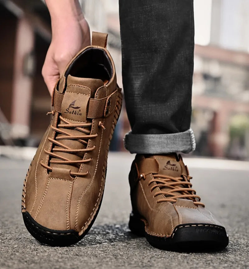 Winter New Men's Low-top Ankle Boots High Quality Hand-stitched Hook&loop Leather Casual Sneakers Classic Man Shoes Plus Size 48