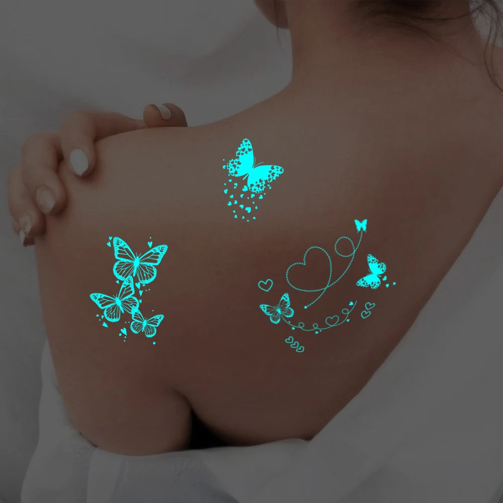 5pcs Blue Luminous Glow Waterproof Temporary Tattoo Sticker Moon Star Heart  Line Flash Tato Women Men Arm Body Art Fake Tattoos