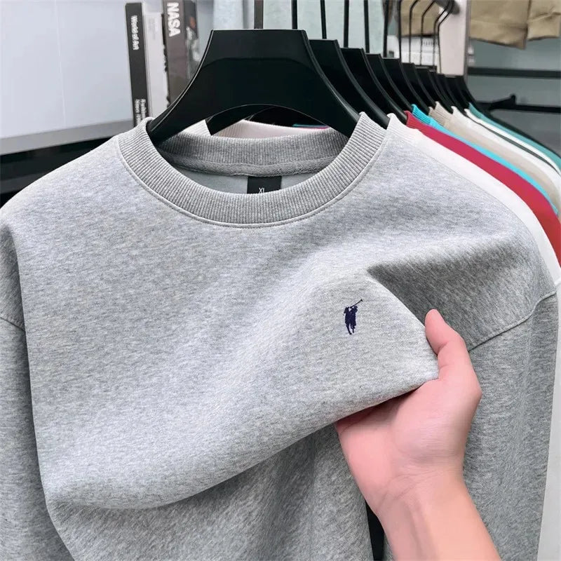 2025 New Men's Round Neck Printed Casual Long Sleeve Hoodie Solid Color Versatile Fleece Loose Casual T-Shirt