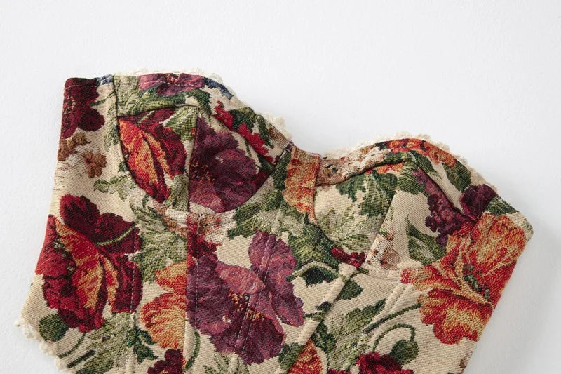 Vintage Flower Print Strapless Bandage Lace Fishbone Camisoles Women Summer Slim Fit Crop Tops Streetwear Tank 2025 Tube Tops