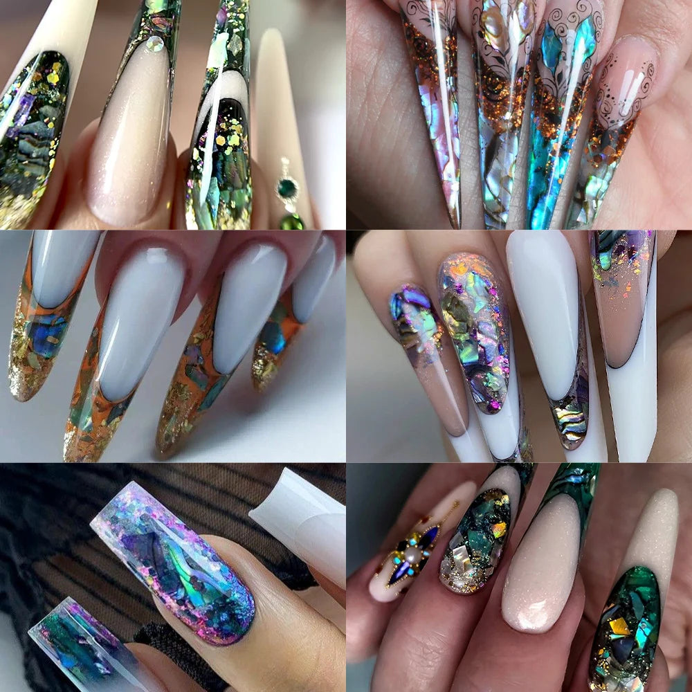 Set 12 Colores Láminas de Concha de Abalón para Nail Art – Efecto Aurora