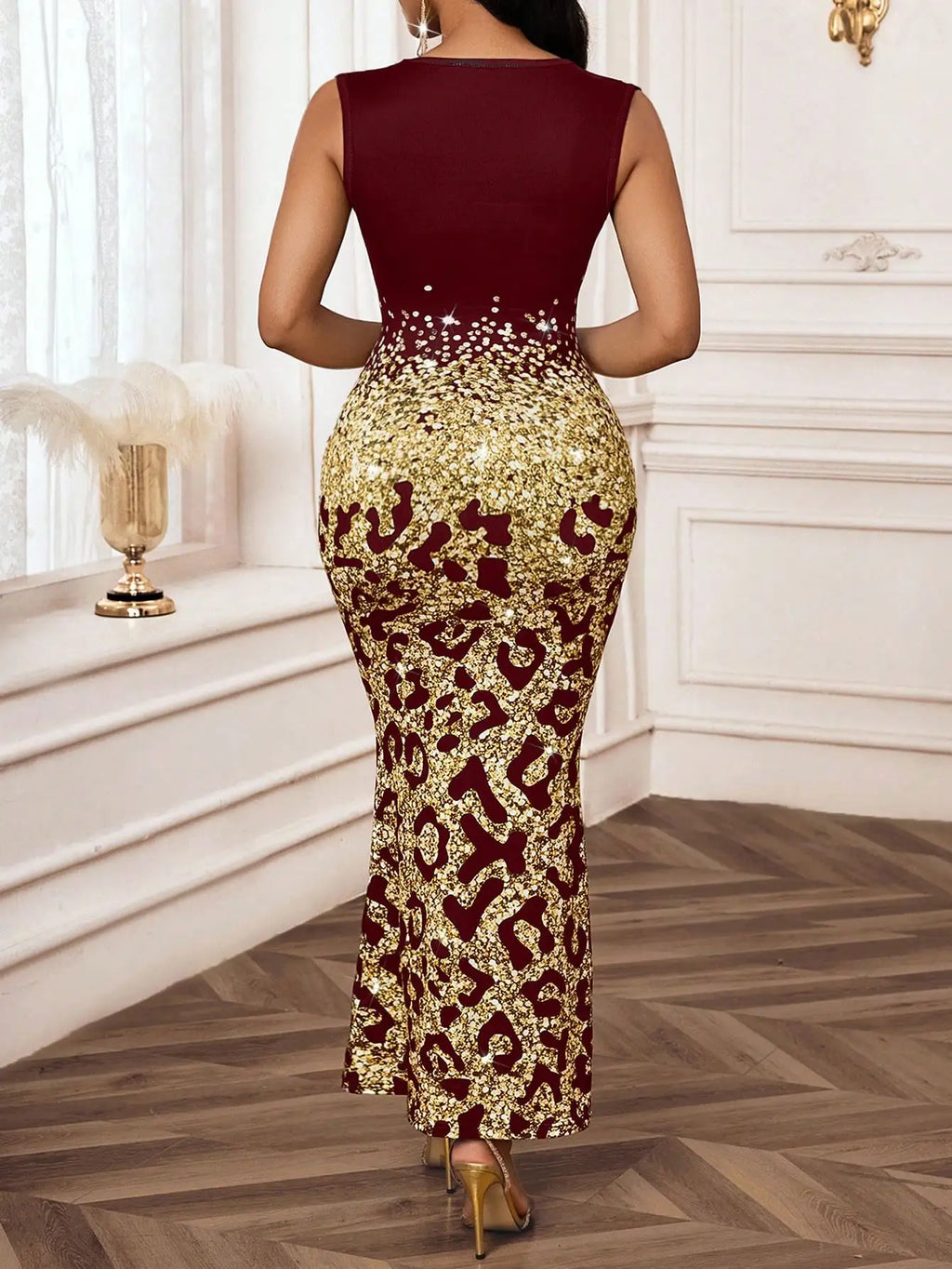 Elegant Leopard Print Fishtail Hem Burgundy Evening Dress With Hollow Out Detail