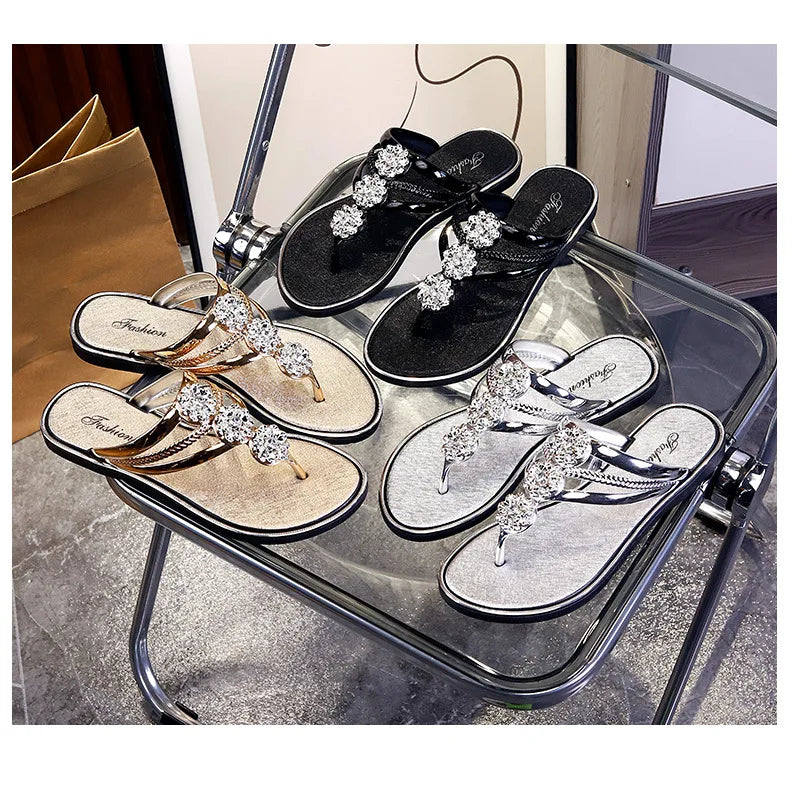 Flip Flops Women Slippers Rhinestone Floral Pattern Hollow Out Crystal Clip Toe Silver Beach Sandals Golden Strap Sandal