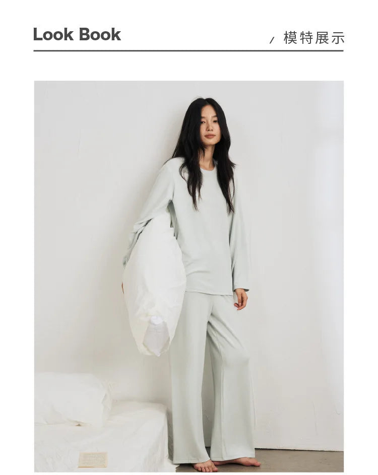 Autumn Winter Women Double-sided Brushed Pajamas T Shirt Pant Two Piece Set for home