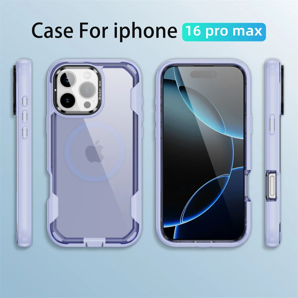 For Magsafe Dual Armor Bumper Lens Stand Phone Case For iPhone 17 16 15 14 Plus 13 12 Pro Max 11 Shockproof Protective Cover