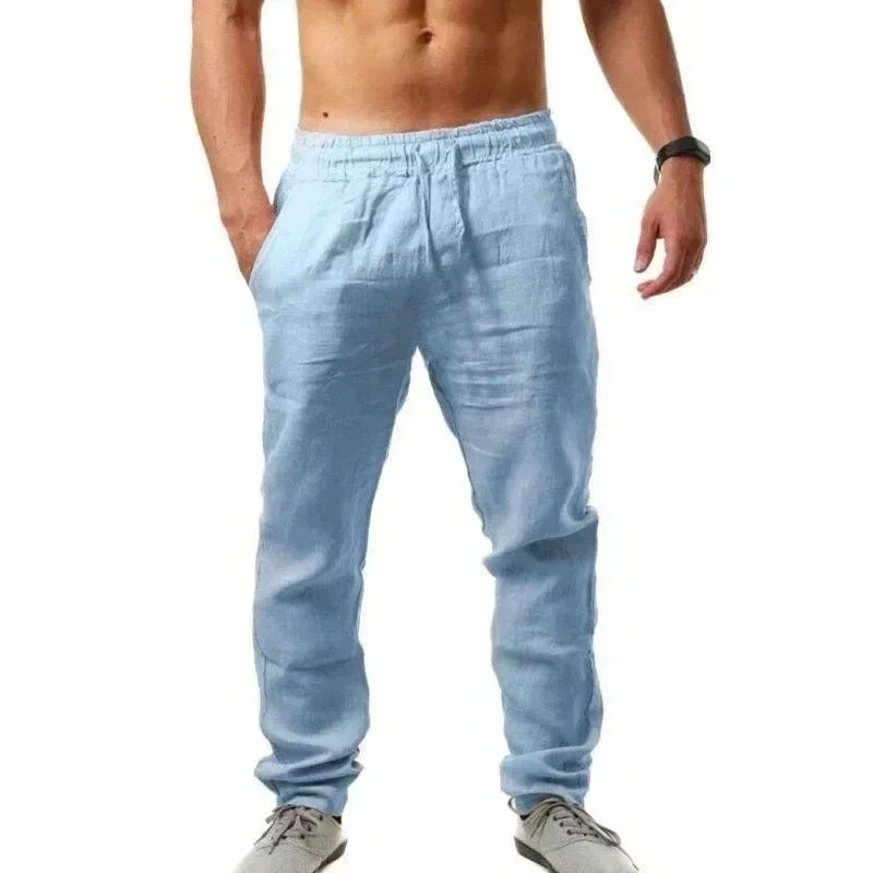 2025 Spring/Summer New Men's Cotton and Hemp Pants Fashionable and Casual Solid Color Breathable Loose Plus Wide Leg Pants M-4XL
