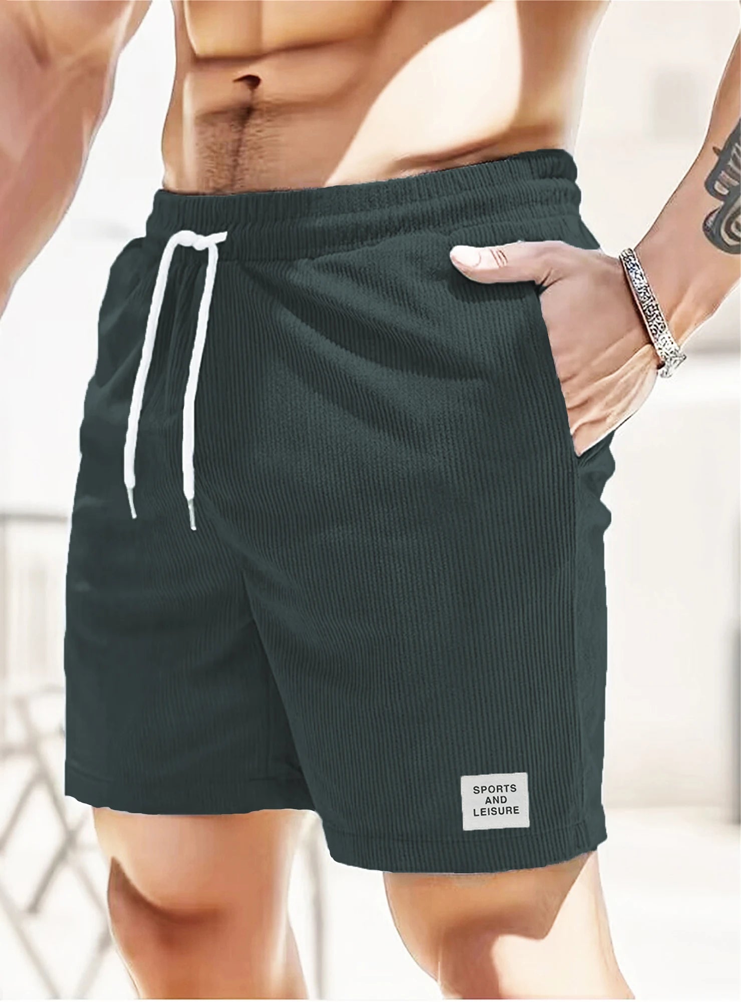 Summer new solid color lace-up sweatpants corduroy simple quarter shorts men's shorts casual pants