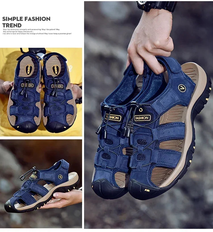 Summer Sandals Leather Outdoor Men Beach Shoes Luxury Breathable Casual Sandal Man Wading Shoes Non-slip Wide lining Slippers