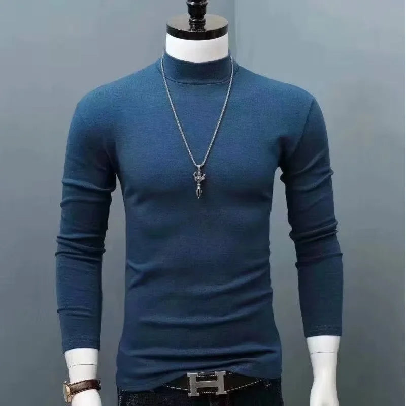 Fashion Men's Oversize High Collar Long Sleeves Autumn Winter Pure Thermal Shirt for Men Layering Stylish T-Shirt
