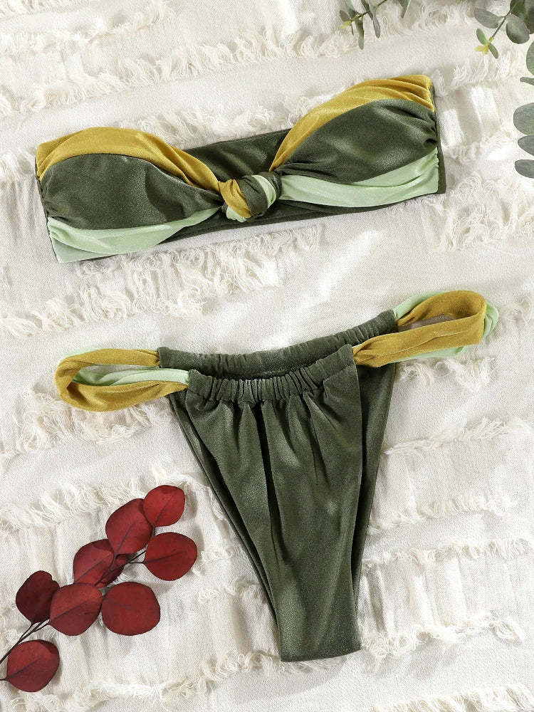 Rinabe Women's Swimsuit Solid Biquinis Off Shoulder Bikinis Women Low Waist Swimwear Pleated Bathing Suit Female Bikini Sets