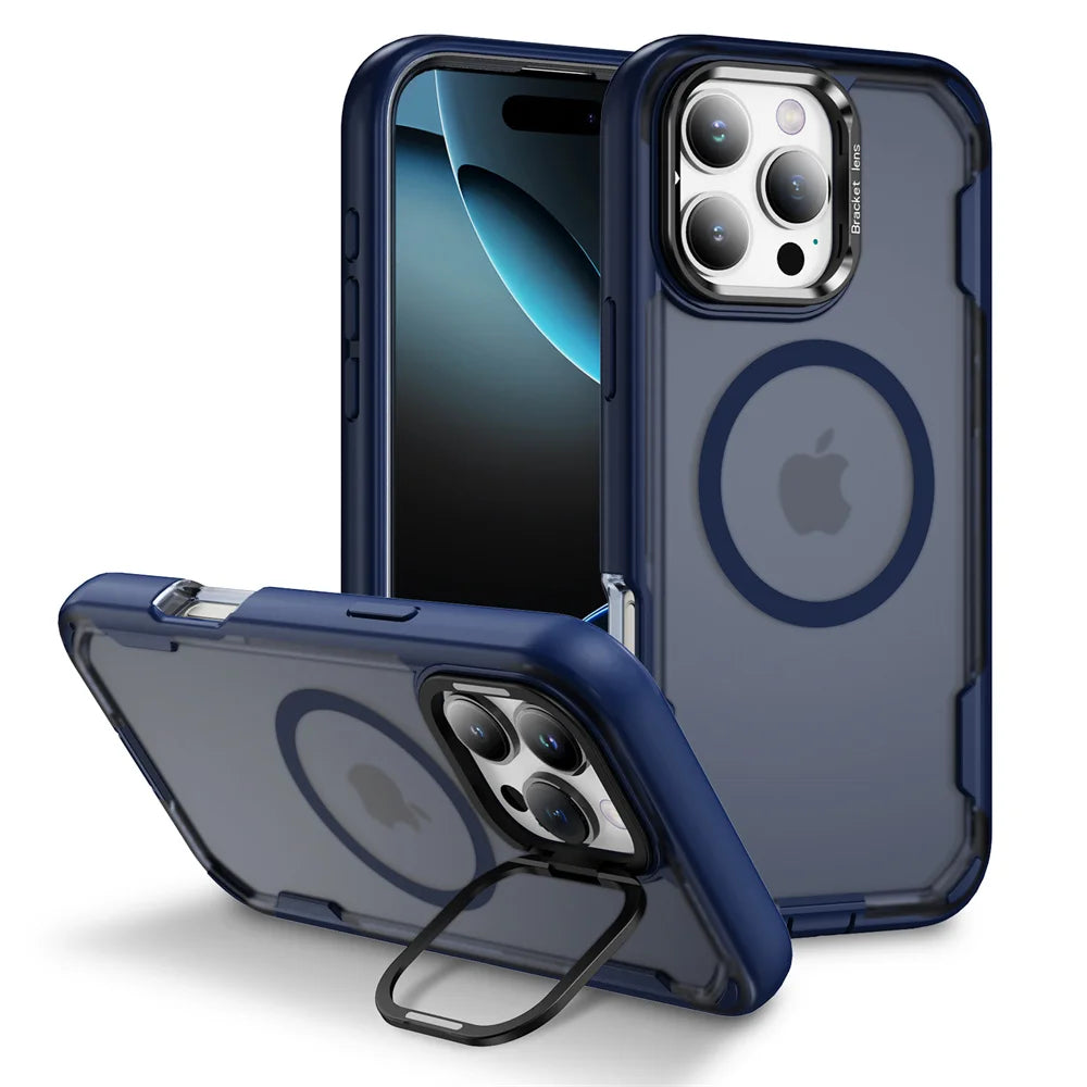 For Magsafe Dual Armor Bumper Lens Stand Phone Case For iPhone 17 16 15 14 Plus 13 12 Pro Max 11 Shockproof Protective Cover