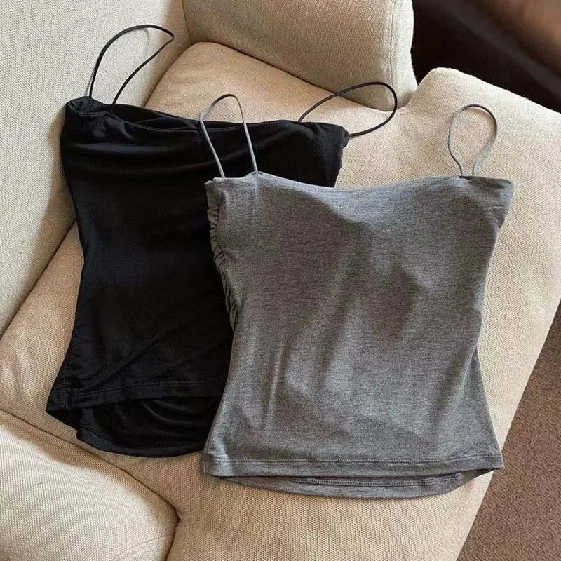 Summer Camisoles Tank Tops Women With Built In Bra  Strap Tanks Vest Sleeveless Tees Cropped Top Solid Color Casual Top