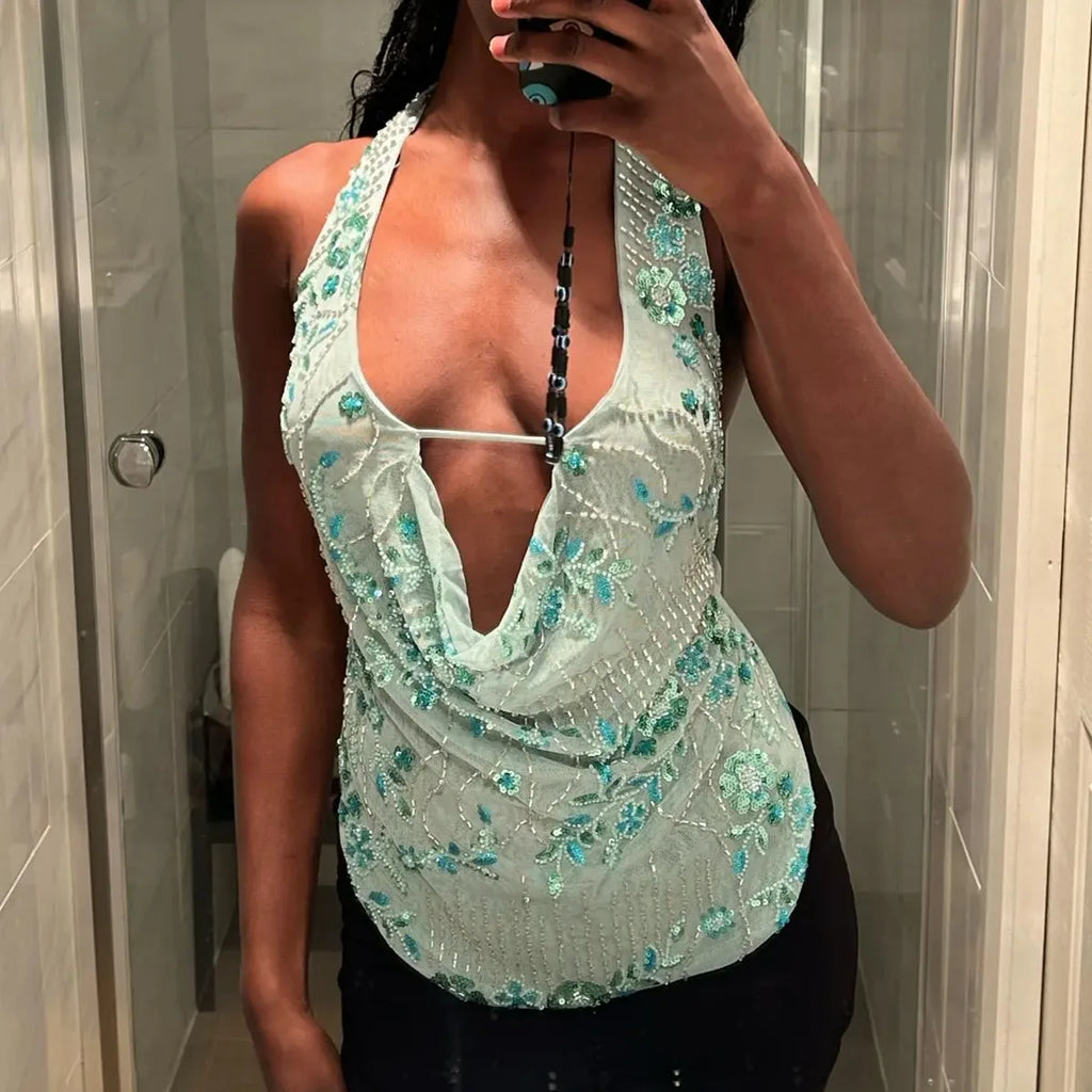 hirigin Sexy Glitter Sequin Tank Tops Women Y2K Fashion Deep V-neck Hollow Out Cropped Tops Tee Summer New Backless Beach Tops