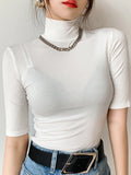Basic  T Shirt Women Turtleneck Slim Tshirt Short Sleeve T-shirts Female Casual Elasticity White Tee Shirt Femme Woman Top