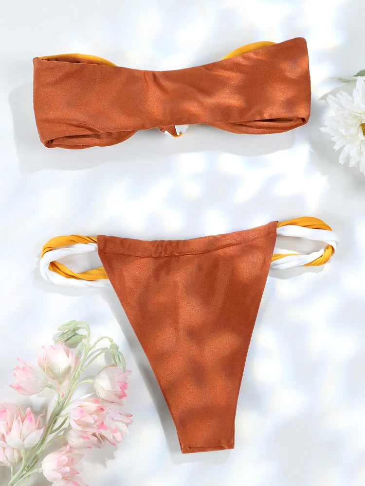 Rinabe Women's Swimsuit Solid Biquinis Off Shoulder Bikinis Women Low Waist Swimwear Pleated Bathing Suit Female Bikini Sets
