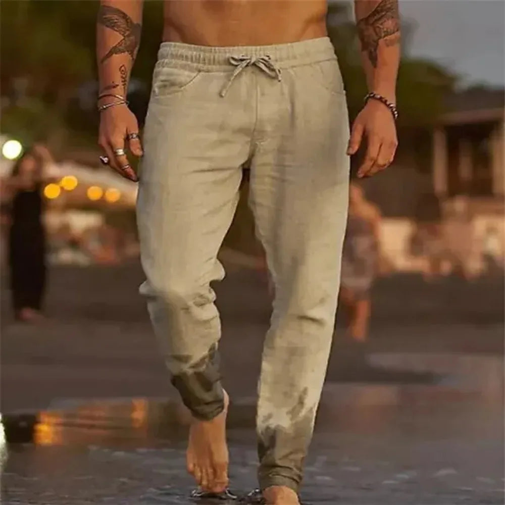 Men's Beach Pants Joggers Streetwear Cotton Linen Sweatpants Casual Pants Hawaiian Vacation Loose Summer Straight Pants Male