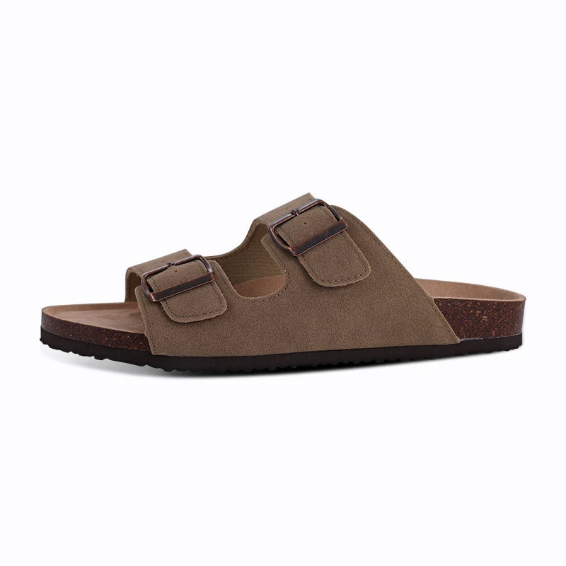 Litfun Women's Cork Footbed Sandals Classic Flat Sandals Fashion Thick Bottom Double Buckle Slides Beach Sandals With Adjustable