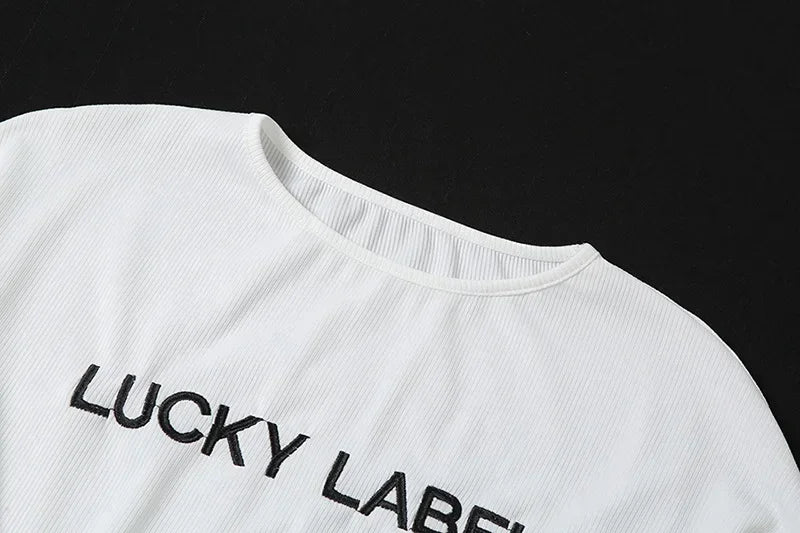 Fashion Summer Solid Lucky Label Letter Embroidery Two Piece Sets Women Sweatshirt+Leggings Casual Sporty Tracksuits Female
