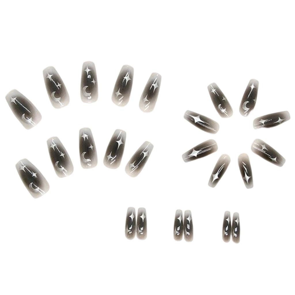 24pcs Y2k Star Press On Nails Gradient Black Mid-length Coffin False Nail Tips Full Cover Moon Designs Fake Nail For Cool Girls