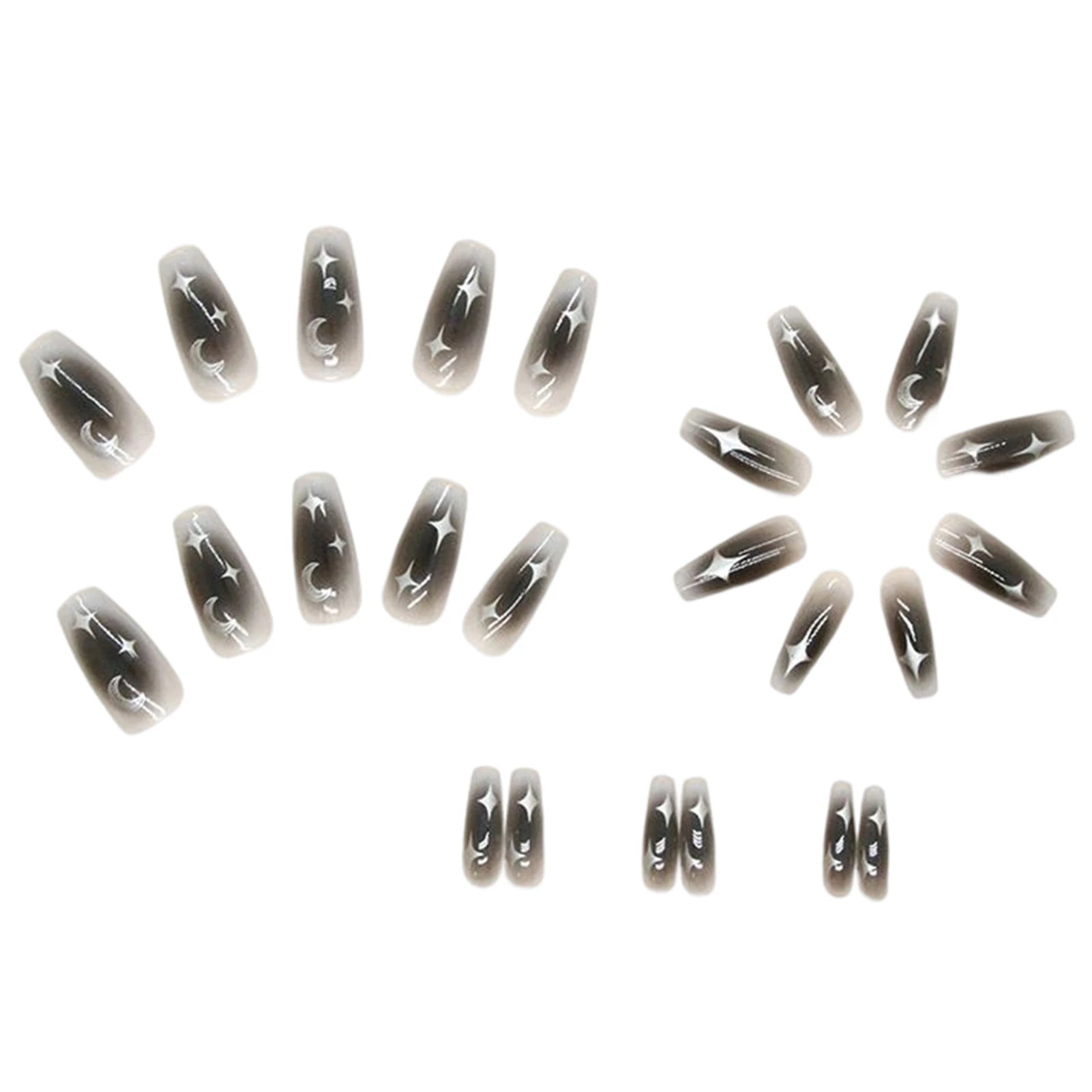 24pcs Y2k Star Press On Nails Gradient Black Mid-length Coffin False Nail Tips Full Cover Moon Designs Fake Nail For Cool Girls
