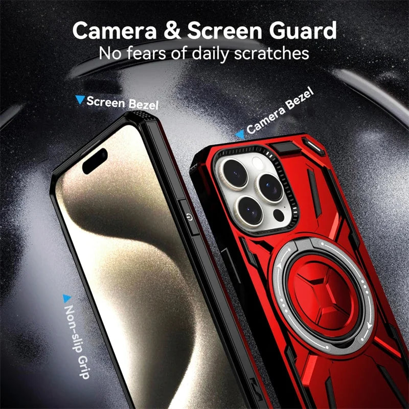 Luxury 360 ° Rotating Metal Ring Bracket Armor Magnetic Suction Protective Case for iPhone 16 15 14 13 12 11 Pro Max Plus case