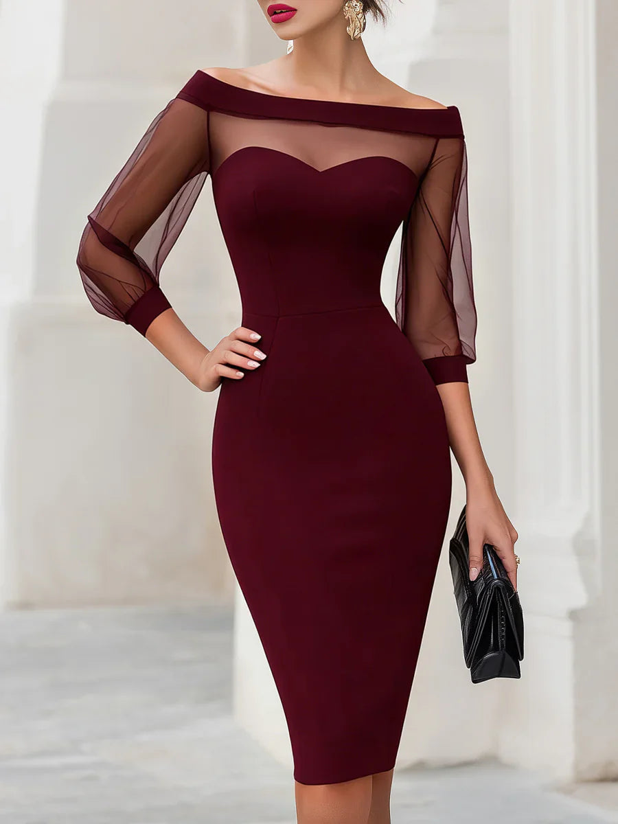 Off The Shoulder Sweetheart Neck Sheer Mesh Long Sleeve Bodycon Midi Dress For Women