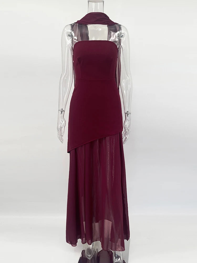 2025 New Strapless Dress With Ribbon Women's Elegant Sleeveless Mesh Beach Vacation Long Dress Spring Fashion Lady Dress