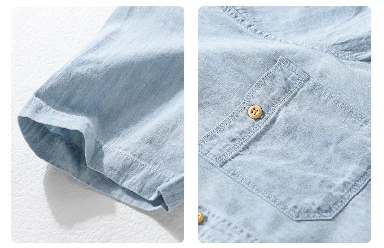 Summer New Casual Denim Short Sleeve Shirts Men Clothing Pure Cotton Slim and Thin Soft Streetwear FY9358