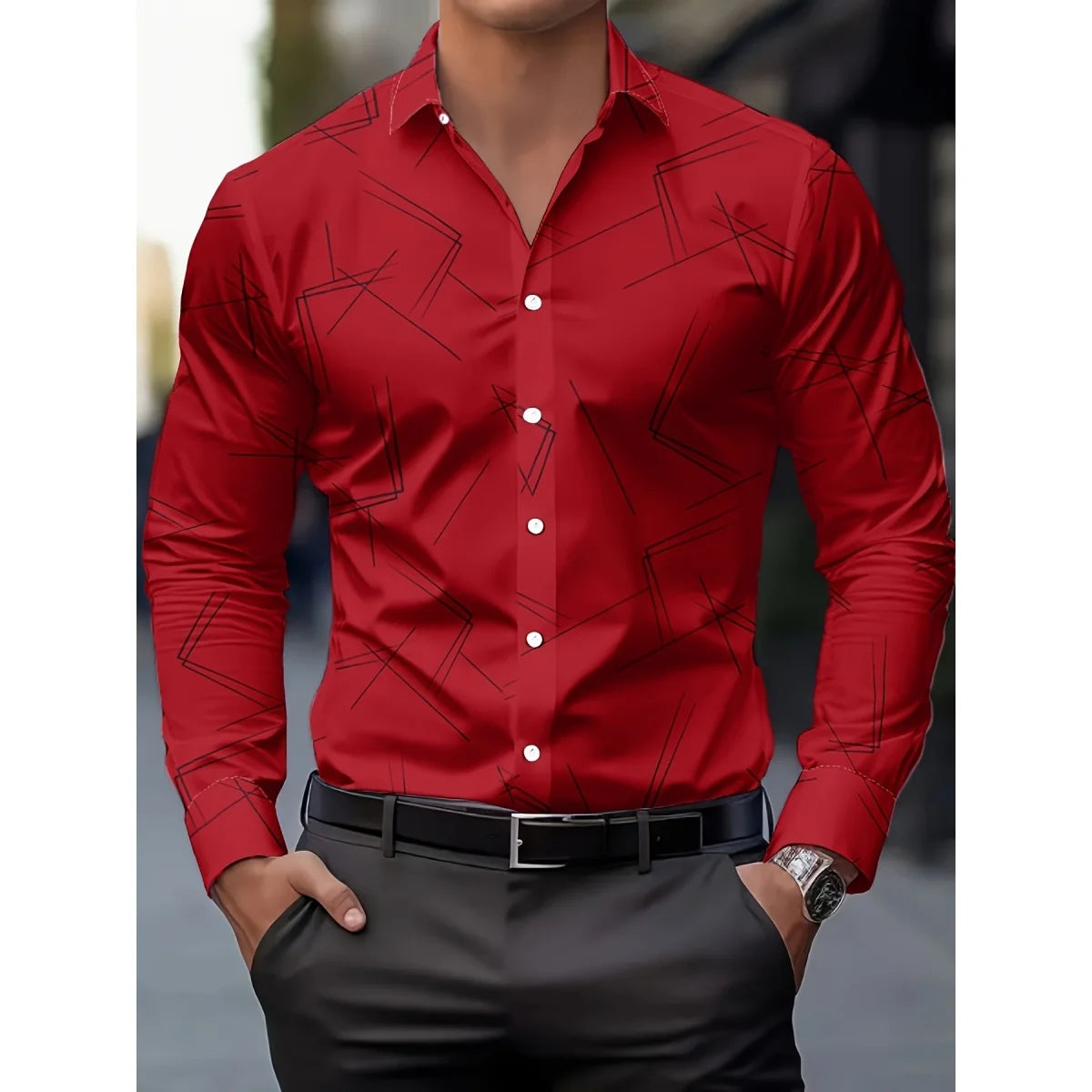 Men's Trendy Geometric 3D Line Print Long-Sleeved Shirt Men's Button up Shirt Casual Fashion Male White Shirt Lapel Shirt Tops
