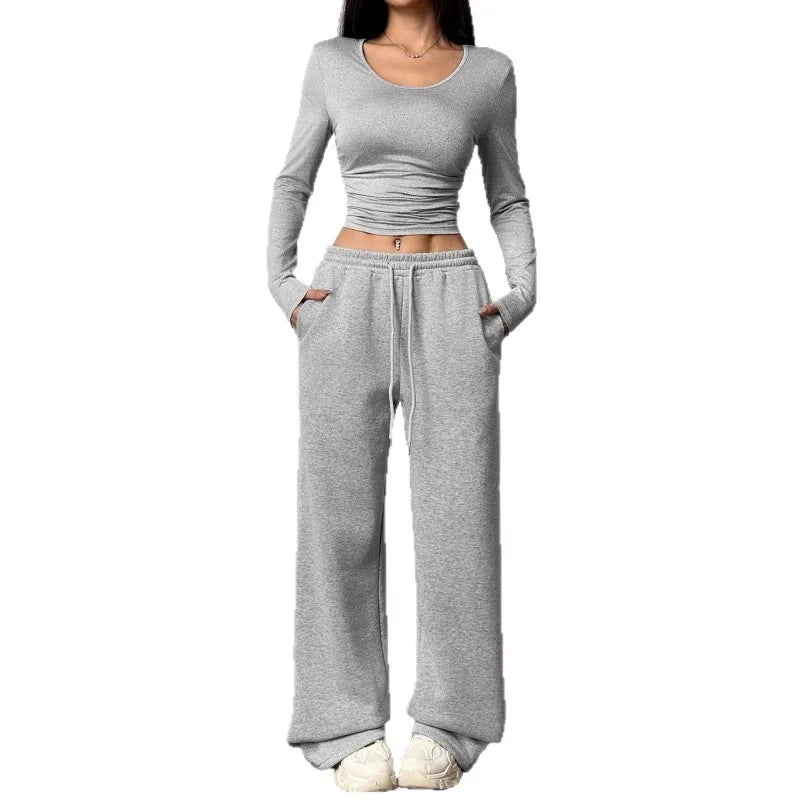 Women's Fashion Casual Wide Leg Pants Long Sleeve Crew Neck Solid Color Slim Two-piece Autumn and Winter Suit
