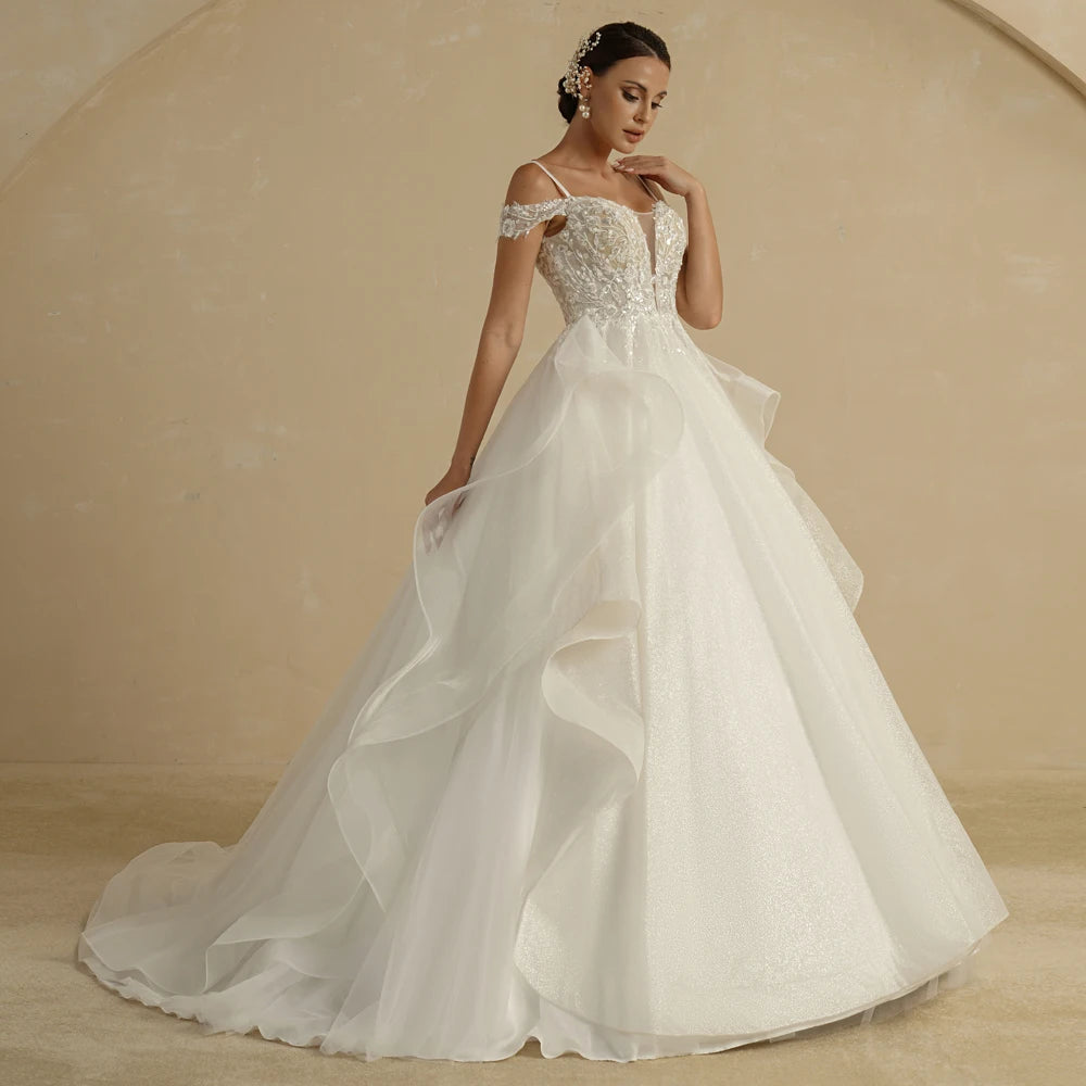 BEPEITHY Customized Luxury Strapless A Line Glitter Wedding Dresses Off The Shoulder Women Ivory Bling-Bling Bride Bridal Gown