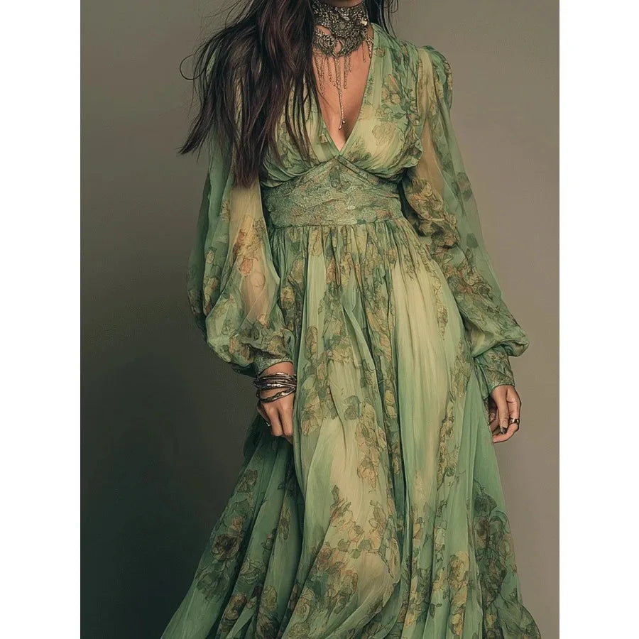 Vestido Bohemio Estampado Manga Larga con Escote en V – Estilo Pastoral