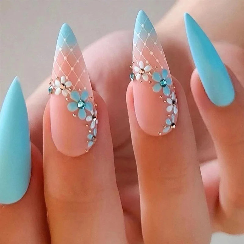 24Ps/Set Almond Slant Gold Line Lotus Pink Fake Nails Artificial Professional Material art False Nail Supplies For Professionals