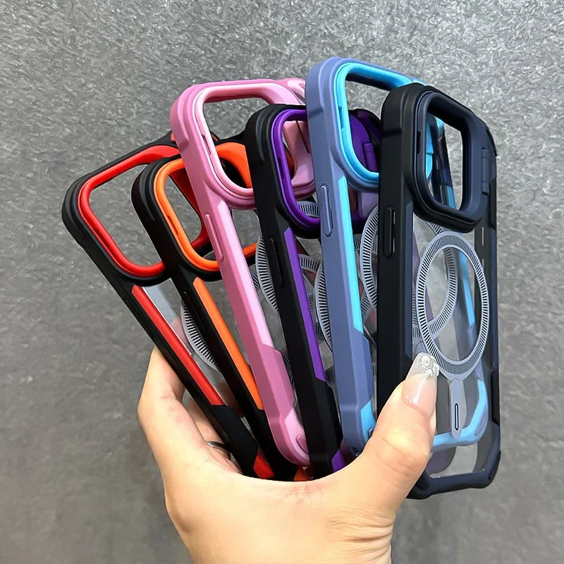 Armor Fold Lens Stand Protect For Magsafe Case For iPhone 16 13 12 14 15 Pro Max Plus Magnetic Wireless Charg Shockproof Cover