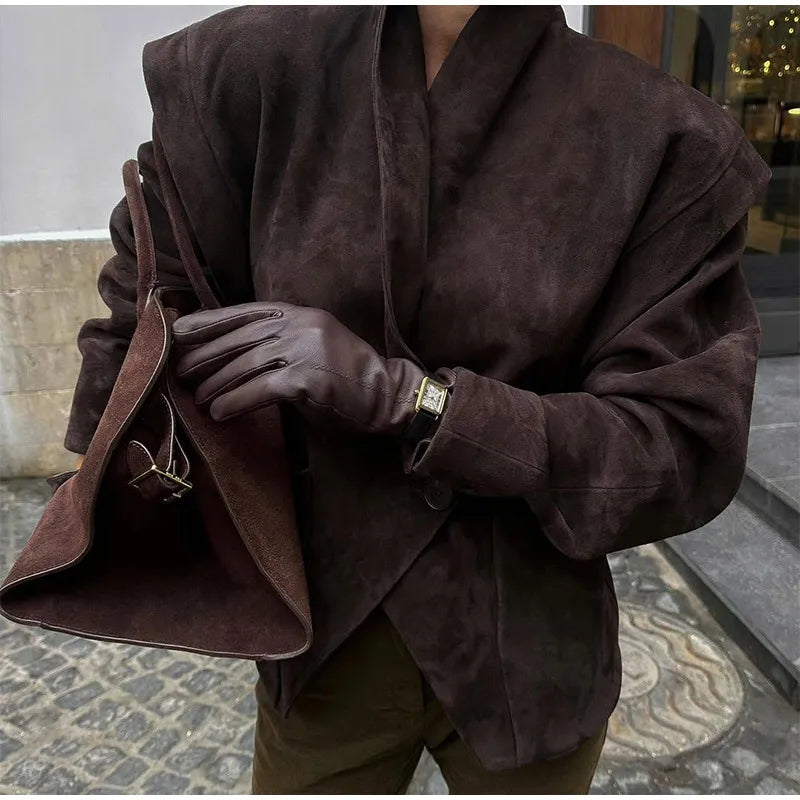 Women Fashion V-neck Lapel Belt Leather Jacket Chic Lace Up High Waist Full Sleeve Overcoat 2025 Lady Autumn High Street Outwear