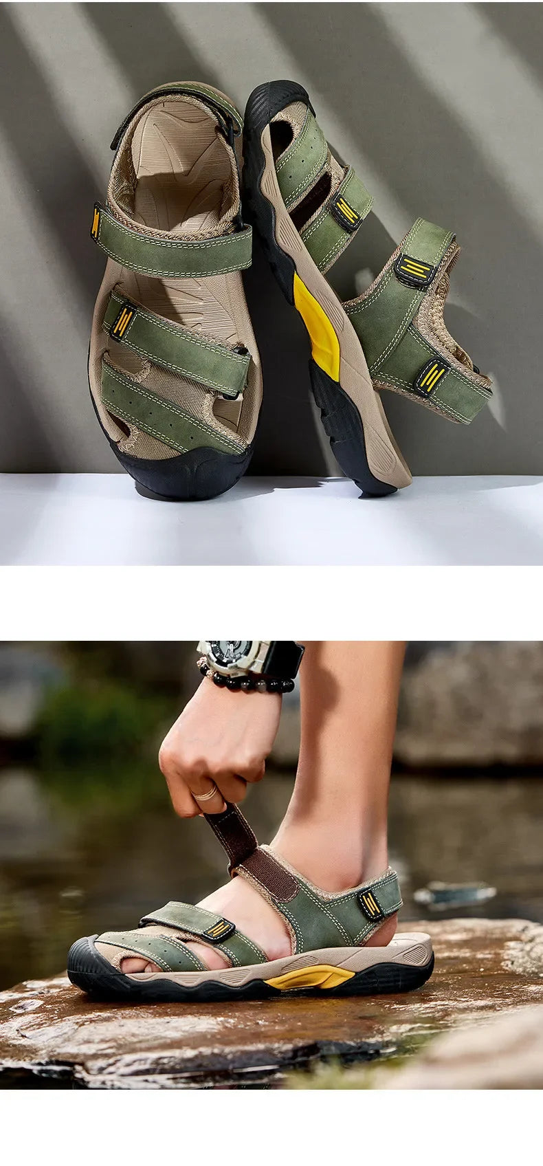 Summer Genuine Leather Men's Sandals Classic Breathable Slip-On Sandals Men Outdoor Casual Beach Sandals Sneakers Plus Size 48
