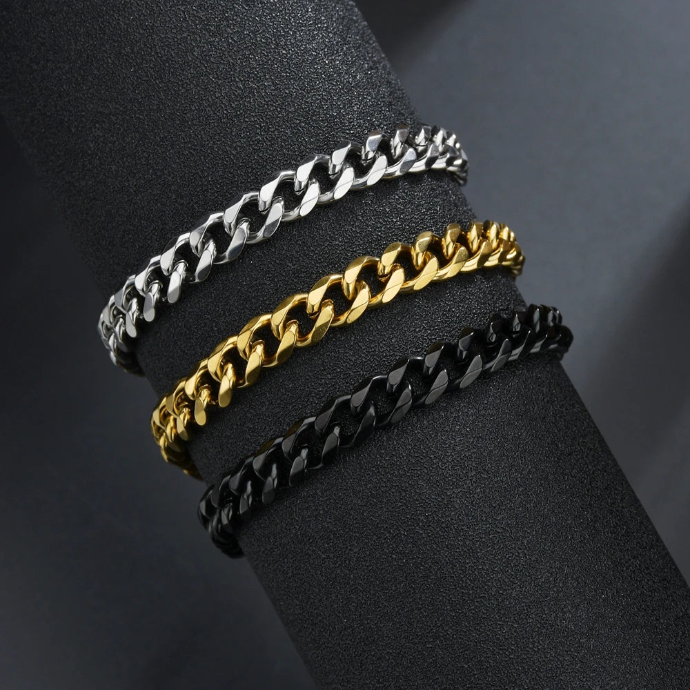 3/5/7mm Width Stainless Steel Punk Style Cuban Chain Bracelet Simple Fashion Jewelry Bracelet Gifts For Men Women 2024New Trendy