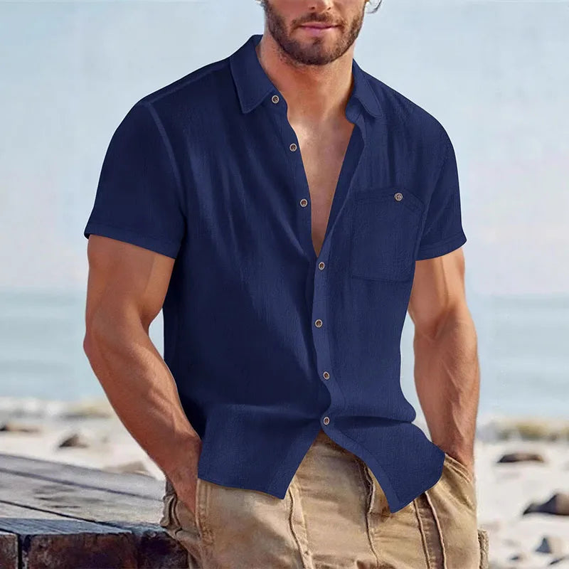 Men's Linen Blend Short Sleeve Button Down Shirt Casual Beach Tops with Chest Pocket Breathable Lightweight Summer Shirts forMen