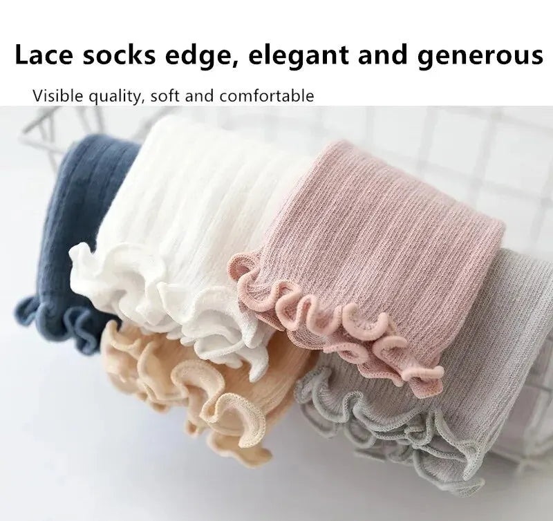 3Pairs/Lot Baby Girls Socks Lace Frilly Solid Cotton Long Knee High Kids Sock Infant Newborn Spring Children Ruffle Cute Socken