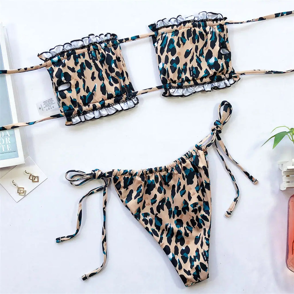 Sexy Leopard Bandeau Brazilian Bikini Swimsuit Female Swimwear Women Two-pieces Bikini set Pleated Bather Bathing Suit V1242L