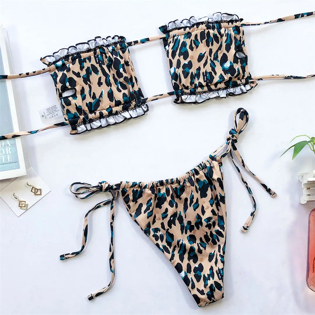 Sexy Leopard Bandeau Brazilian Bikini Swimsuit Female Swimwear Women Two-pieces Bikini set Pleated Bather Bathing Suit V1242L