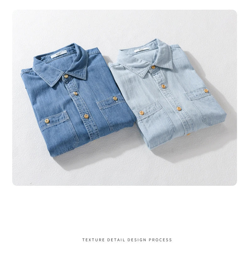 Summer New Casual Denim Short Sleeve Shirts Men Clothing Pure Cotton Slim and Thin Soft Streetwear FY9358